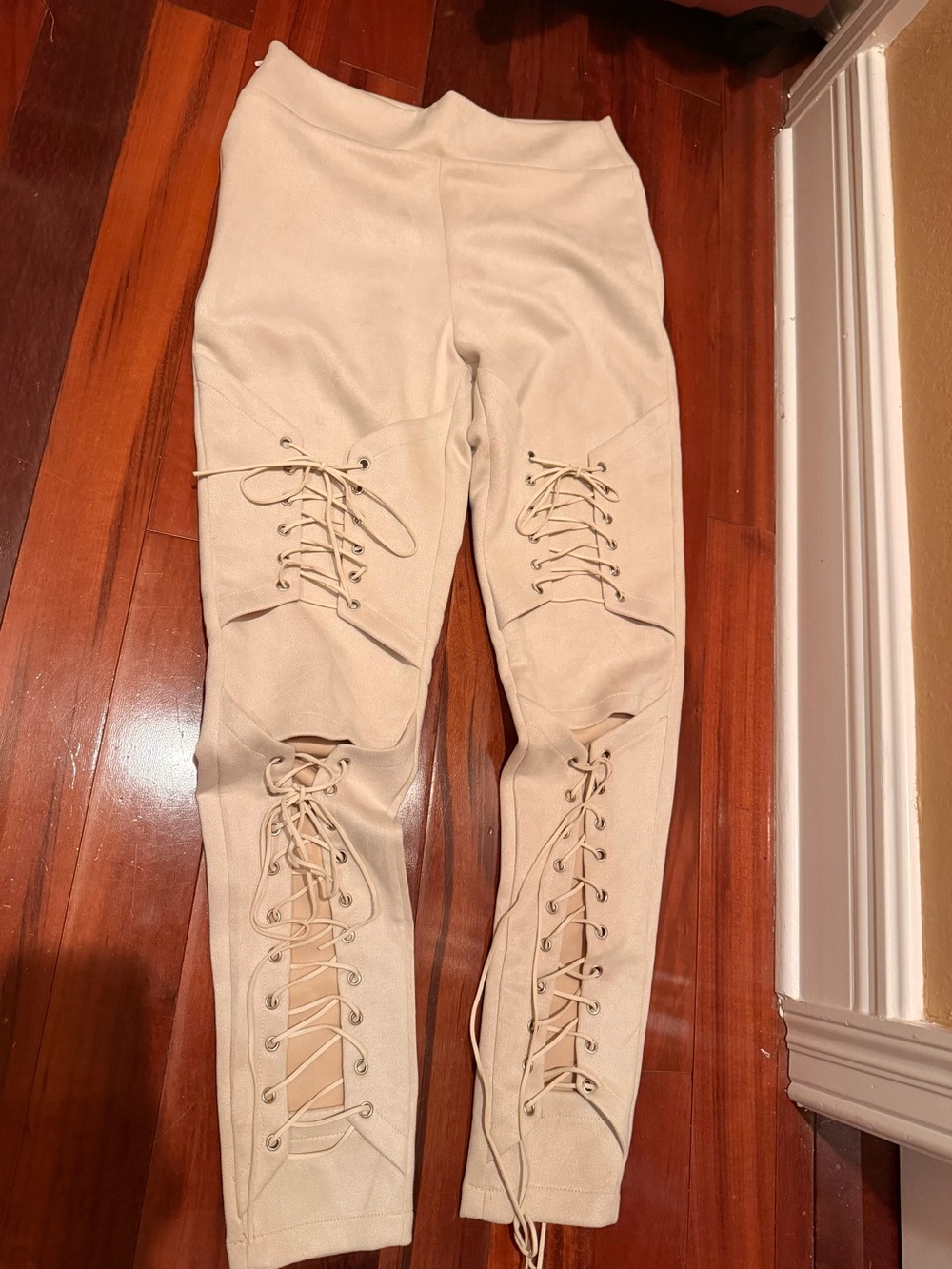Cream beige Faux Suede Front Lace Up Tie Skinny Trouser Pant Legging Small